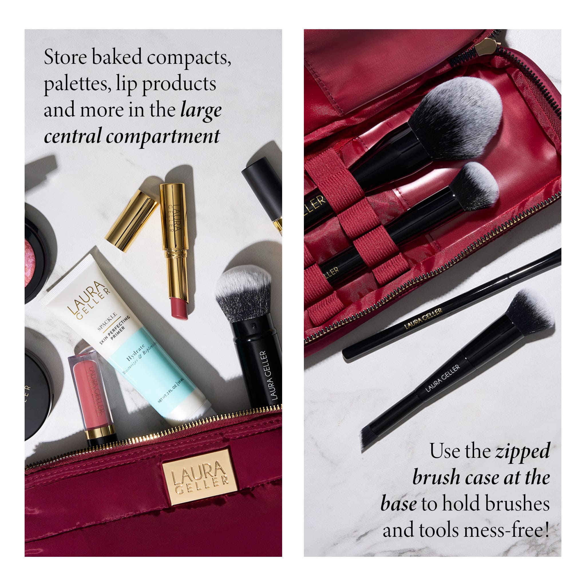 Quilted Makeup Bag with Brush Case, Burgundy - Image 2