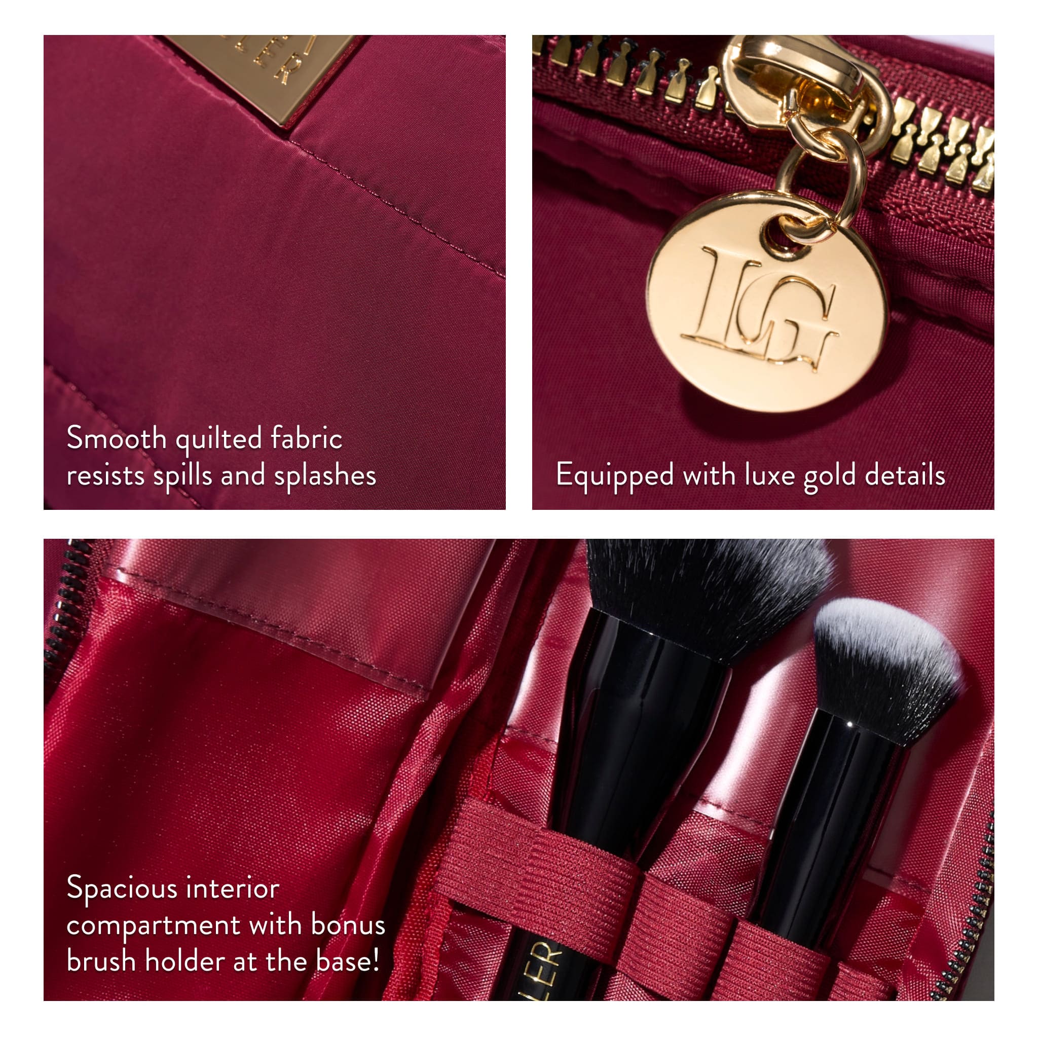 Quilted Makeup Bag with Brush Case, Burgundy - Image 3