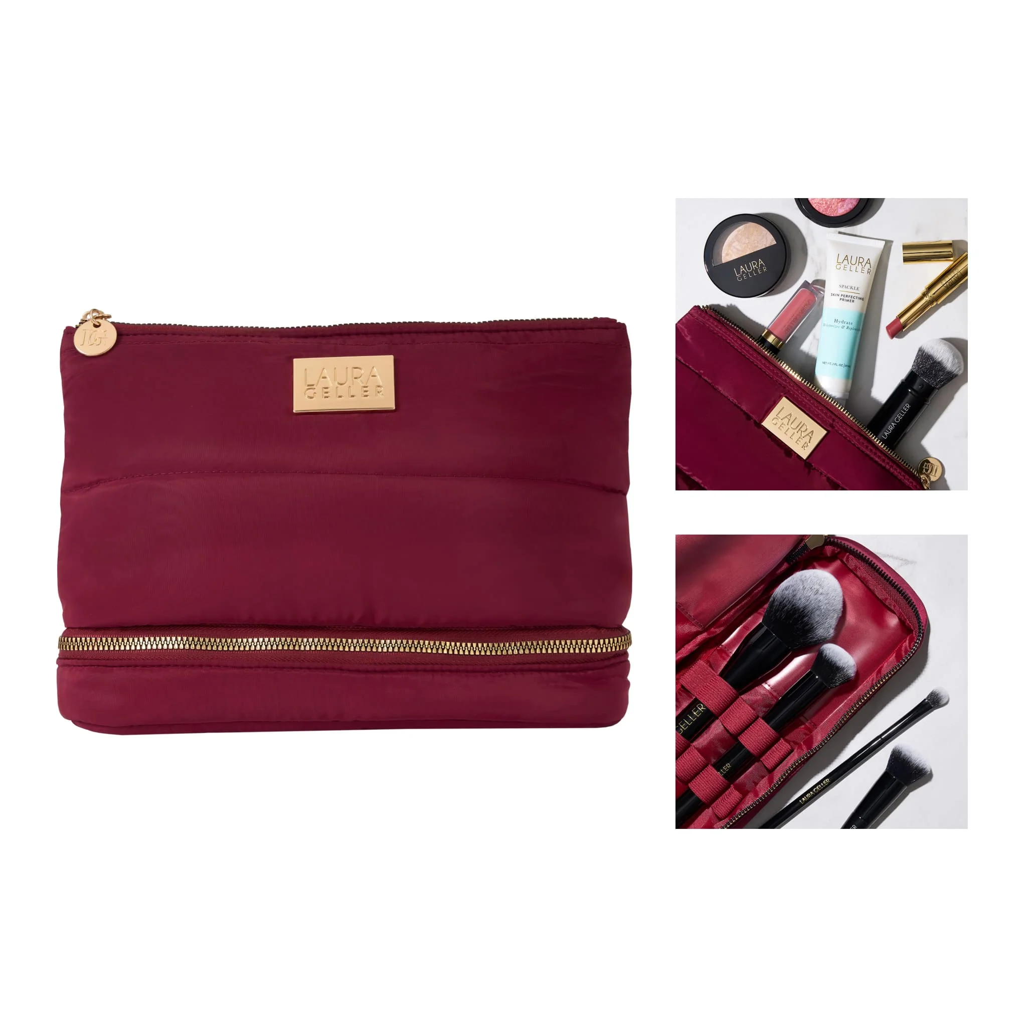 Quilted Makeup Bag with Brush Case, Burgundy - Image 5